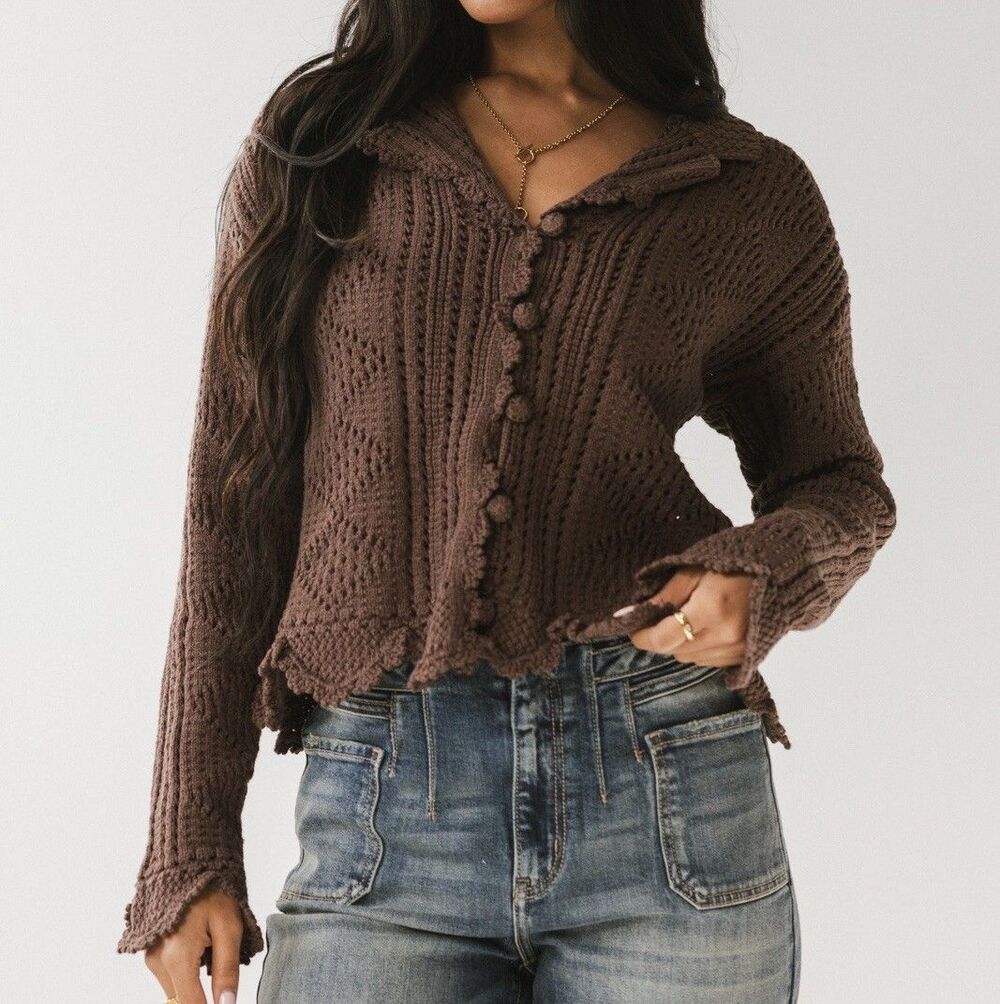 Bohme Crochet Cardigan Brown Scalloped Hem Whimsigoth Boho Coquette Cottagecore
